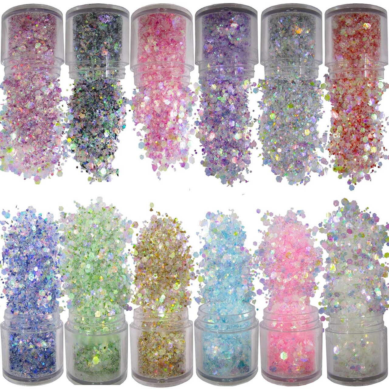 12-Color Iridescent Chunky Glitter Flakes Set – Opal Mylar Hexagon & Fine Powder Mix for Resin, Crafts, Makeup, Body & Nail Art | Sparkling Mermaid Glitter Set for Women & Girls (Opal Hexagon)
